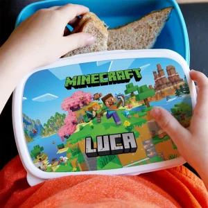 Lunch box Minecraft personalizat cu nume, deschis, cu sandviș în interior
