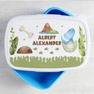 Caserolă cu dinozaur personalizată cu nume, folosită pentru gustarea copilului la școală