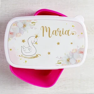 Lunchbox cu Lebădă personalizat cu nume pentru fetițe, potrivit pentru grădiniță sau școală