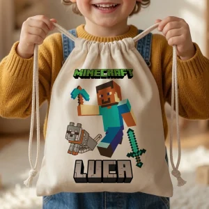 Săculeț grădiniță Minecraft personalizat cu nume copil, material bumbac