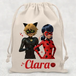 Săculeţ Ladybug şi Motan Noir personalizat cu numele copilului pentru grădiniță sau școală