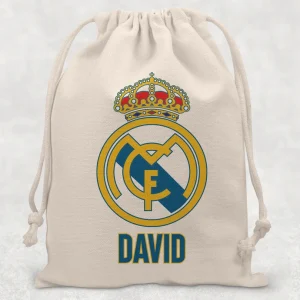 Săculeţ cu Real Madrid personalizat cu numele copilului pentru grădiniță, școală sau activități sportive