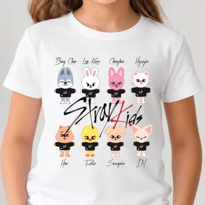 Tricou Stray Kids SKZOO alb din bumbac 100%, pentru copii și adulți